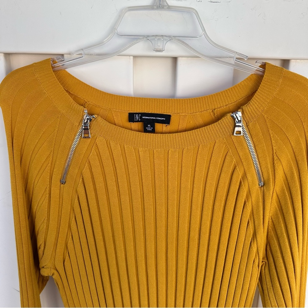 INC Mustard Yellow Ribbed Sweater with Zipper Accents - Picture 3 of 8